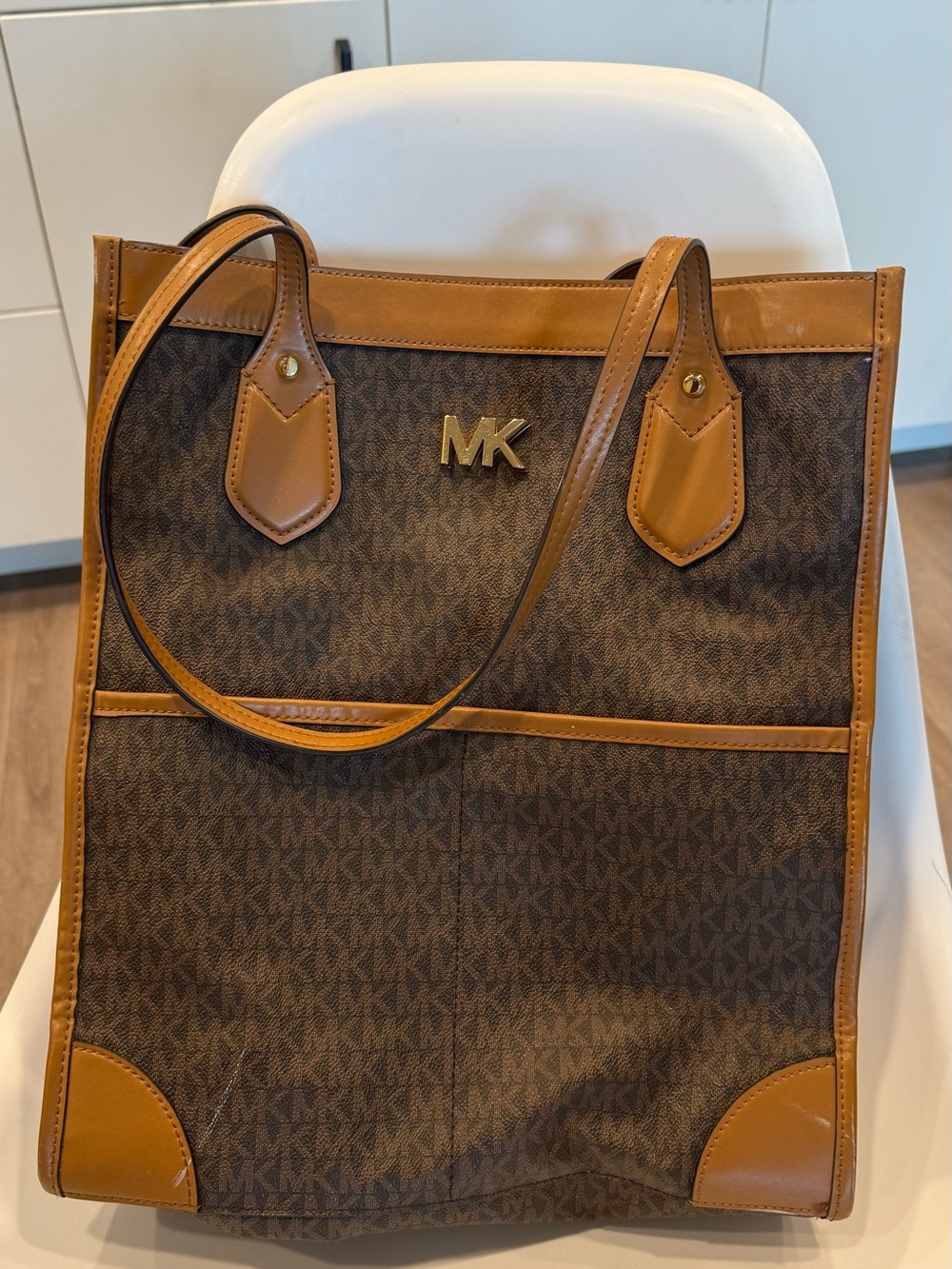Michael Kors Brown and Tan Logo Tote with Gold MK Plaque